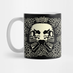 Twin Skulls and Sakura Ink Art Tattoo Retro White Mug